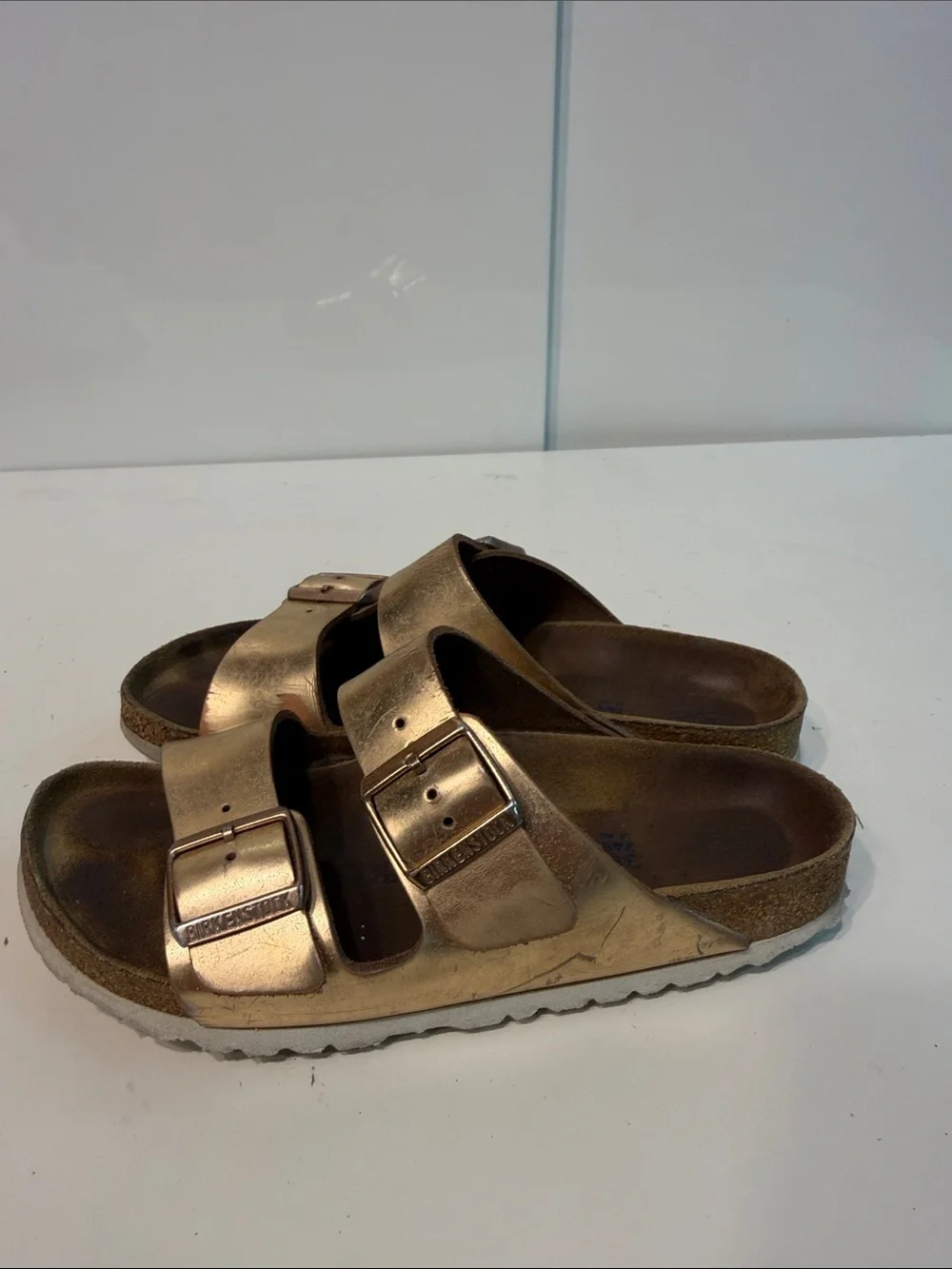 Used Birkenstock Metallic Bronze Double-Strap Slide Sandals women’s size 7-7.5